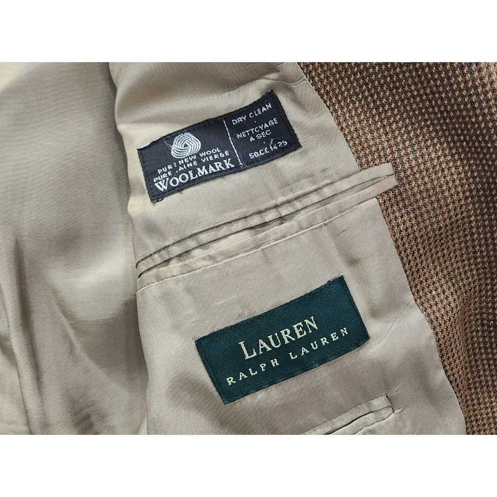 Vtg Lauren Ralph Lauren Men's 40R Brown Lambswool Houndstooth Sport Coat Jacket‎